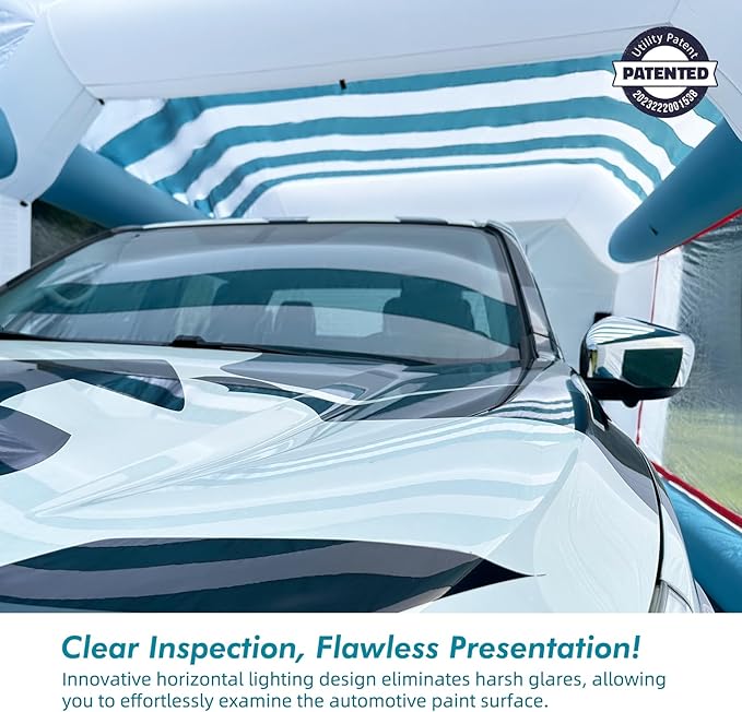 The paint booth designed with blue and white stripes makes it easier for you to check the paint effect of the car