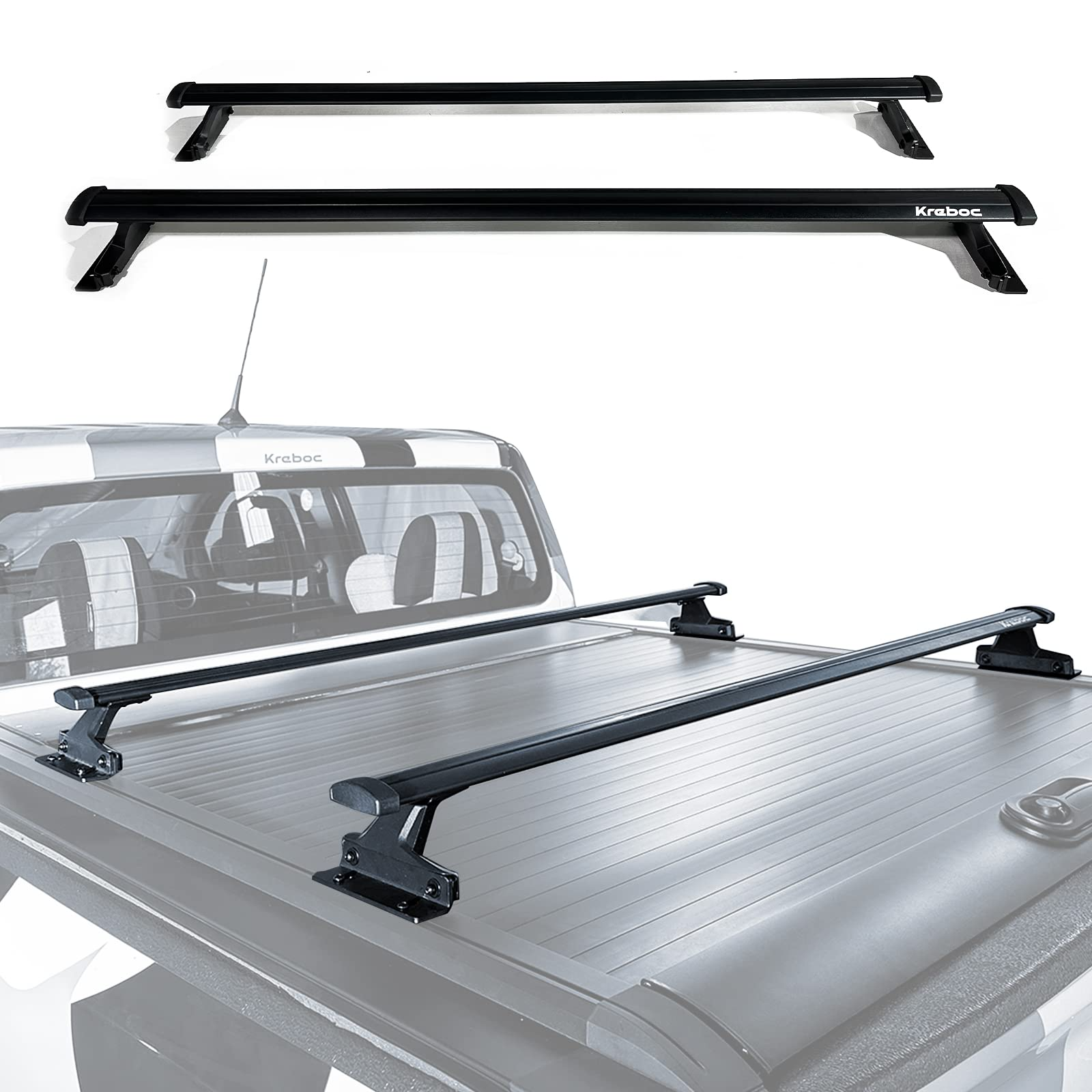 Kreboc Truck Bed Rack Cross Bars, Aluminum Length Adjustable Luggage Cargo Bars Mount on The Side Rails of Tonneau Cover 440lbs Load Capacity