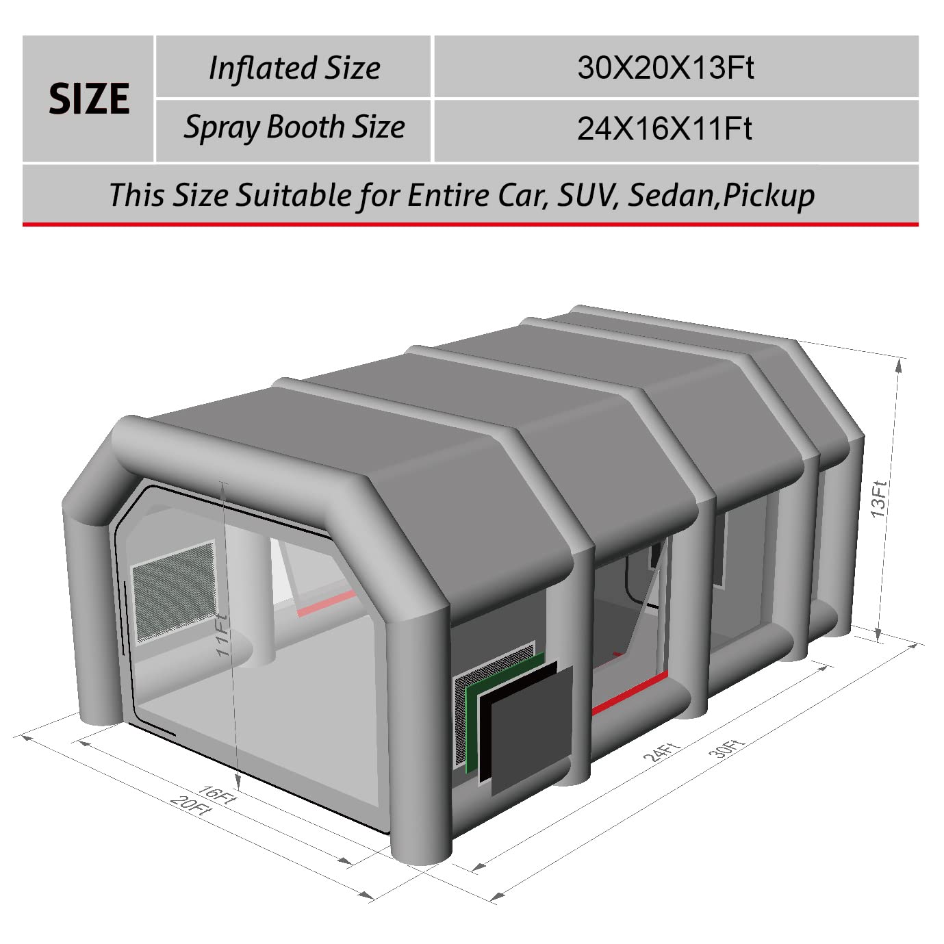 TKLoop Portable Inflatable Paint Booth 30X20X13Ft with 2 Blowers Inflatable Spray Booth with Air Filter System, Blow Up Spray Booth Tent (750W+1100W)