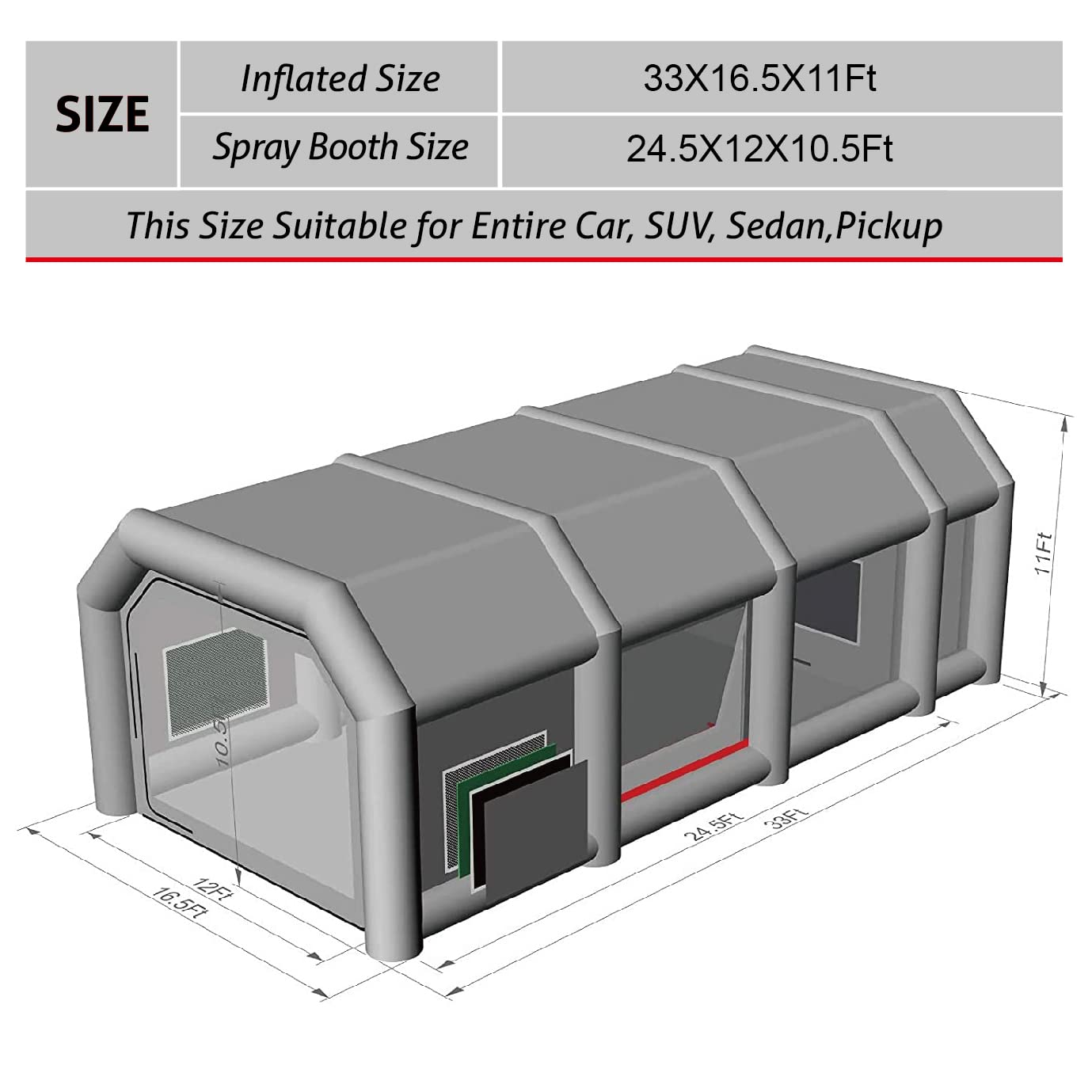 TKLoop Portable Inflatable Paint Booth 33X16.5X11.5Ft with 2 Blowers Inflatable Spray Booth with Air Filter System, Blow Up Spray Booth Tent (750W+1100W)