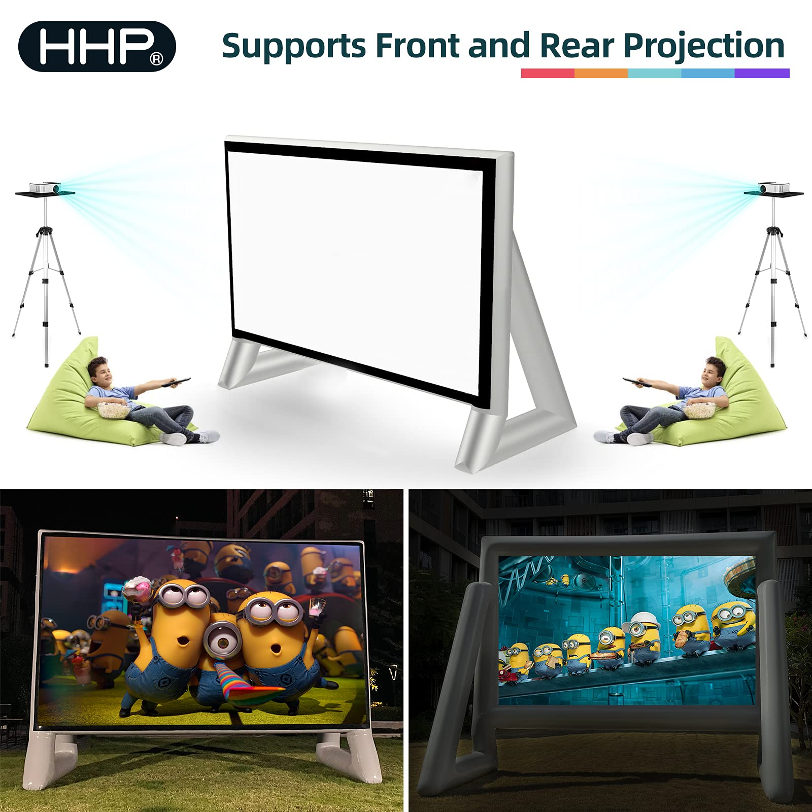 HHP 17Ft Airtight Projector Movie Screen Made of PVC, Waterproof Inflatable Movie Screen No Blower No Noise - Support Front Rear Projection - for Indoor, Outdoor, Pool, Garden and Backyard Parties