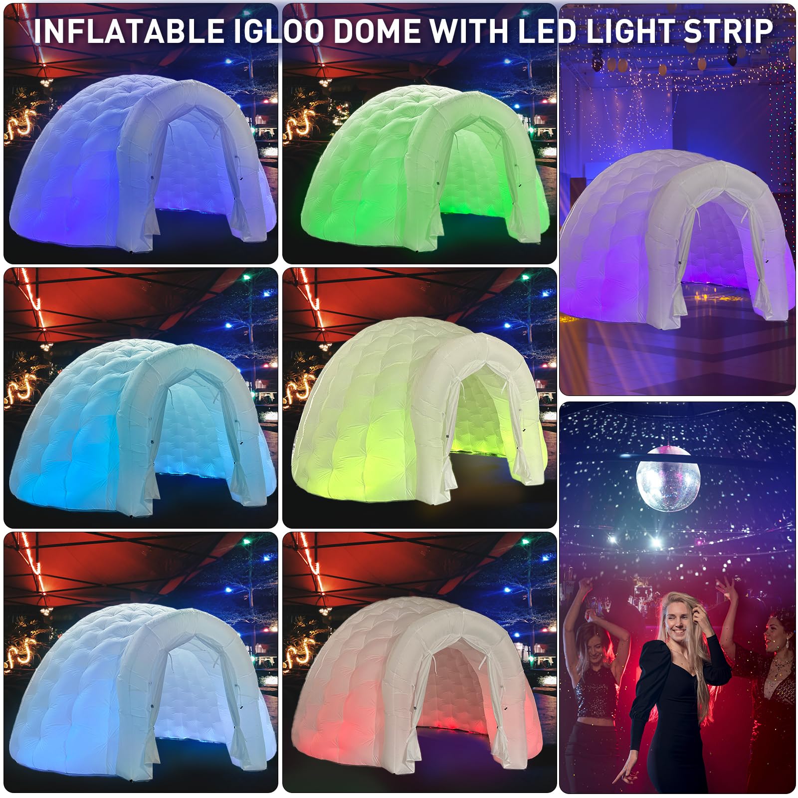 16Ft Inflatable Igloo Dome Tent, LED Strip Lights & Blower Included, Portable Igloo Party Tent for Night Club, Event ,Advertising