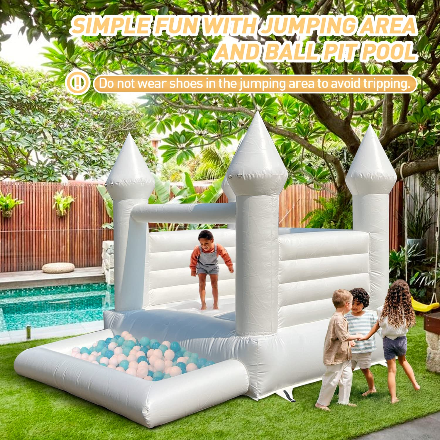 WARSUN Inflatable White Bounce House 12x10x10FT / 3.5x3x3m with Ball Pool&Blower All PVC Inflatable Jumper Bouncy Castle More Durable Bounce House Castle for Kids Birthday Wedding Party Business Photography