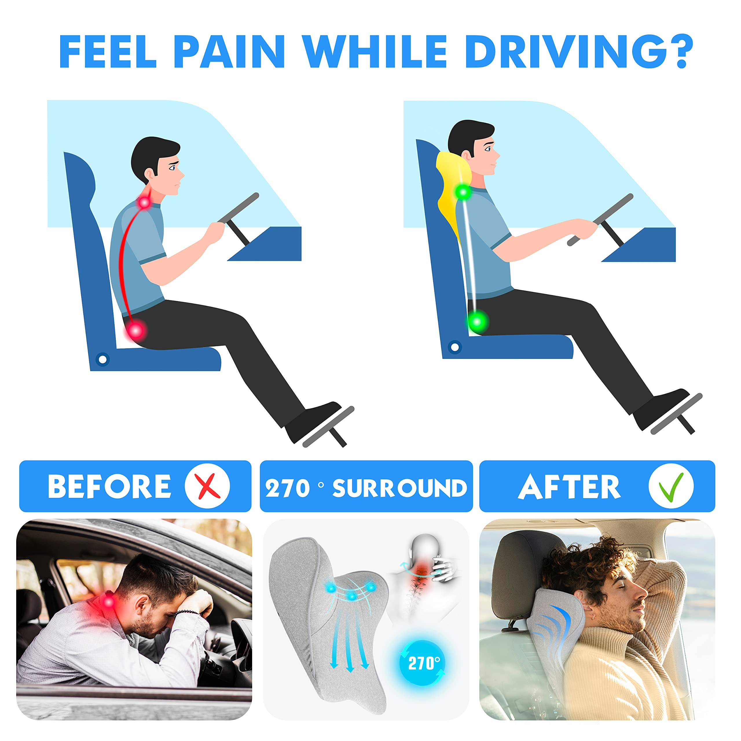 TKLoop Car Neck Support Pillow Grey for Neck Pain Relief When Driving,Headrest Pillow for Car Seat with Soft Memory Foam