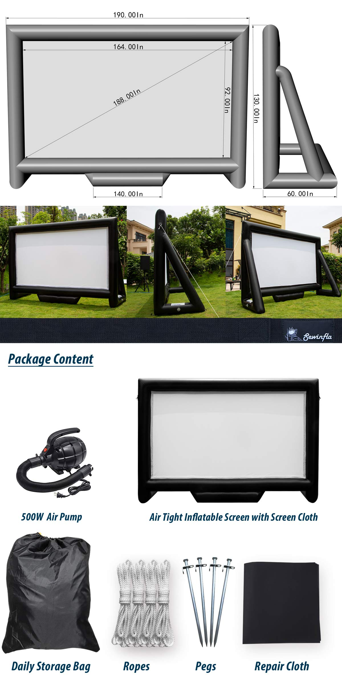 Sewinfla Upgraded Airtight Inflatable Movie Projector Screen 19ft- Outdoor Movie Screen - No Need to Keep Inflating - Supports Front and Rear Projection