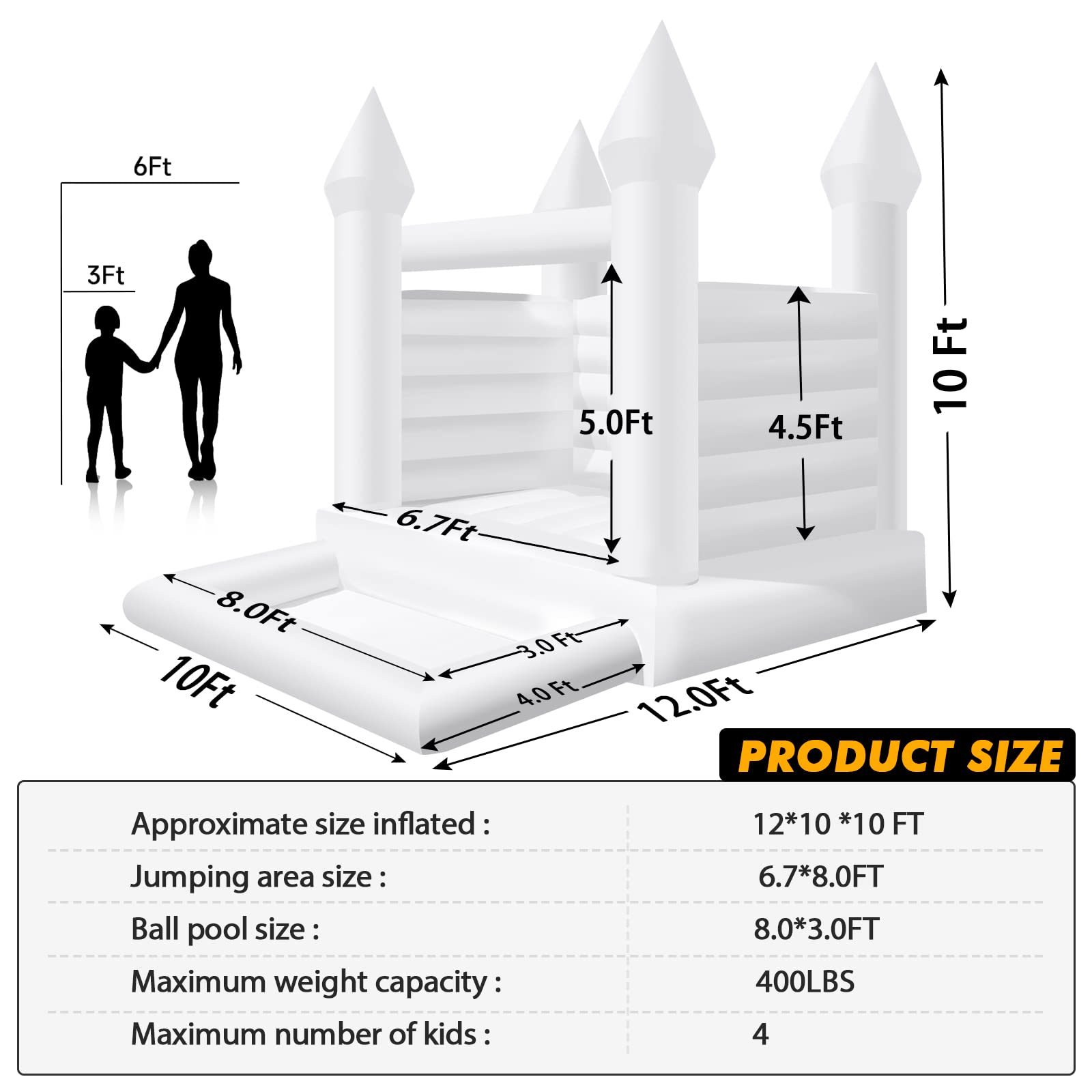 WARSUN Inflatable White Bounce House 12x10x10FT / 3.5x3x3m with Ball Pool&Blower All PVC Inflatable Jumper Bouncy Castle More Durable Bounce House Castle for Kids Birthday Wedding Party Business Photography