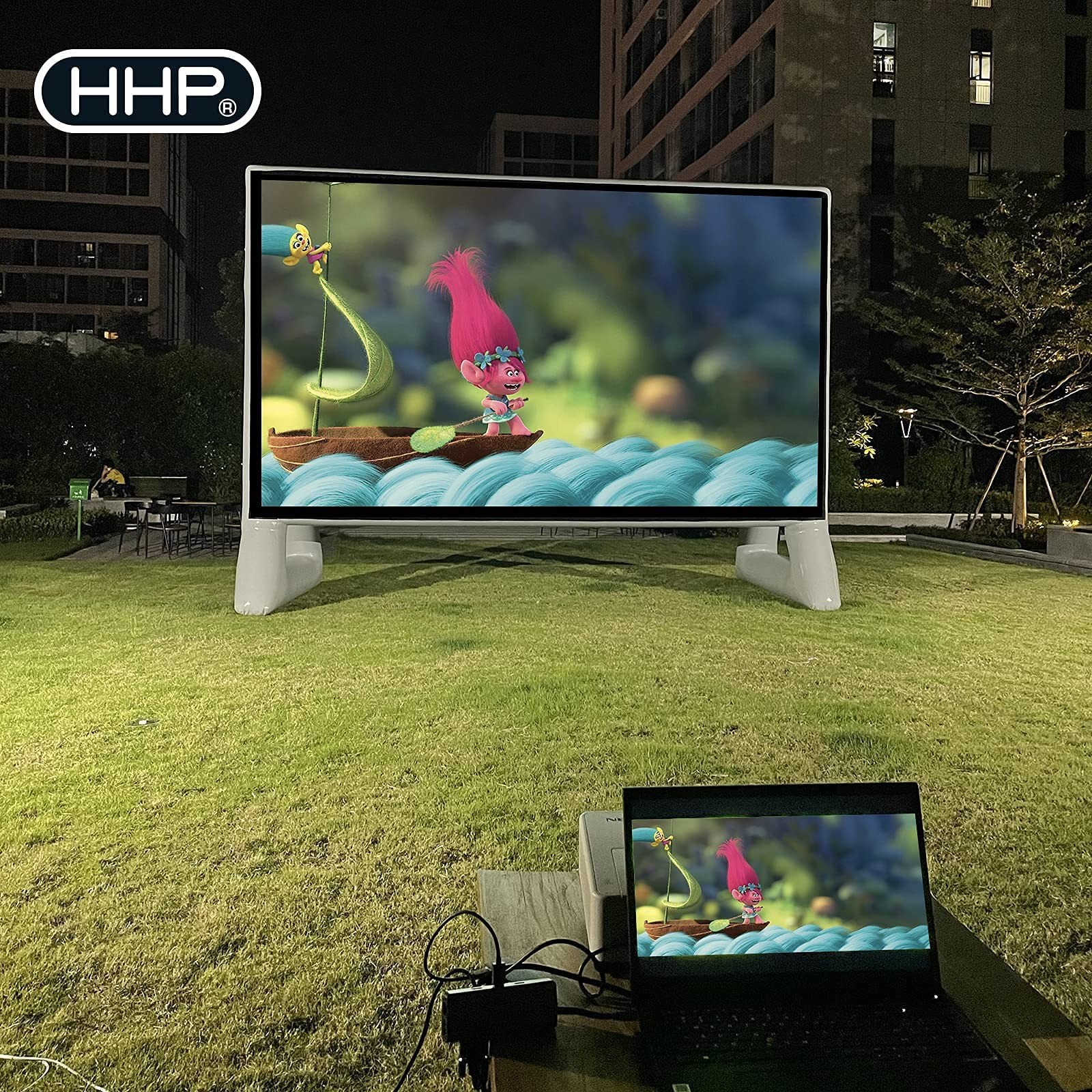 HHP 17Ft Airtight Projector Movie Screen Made of PVC, Waterproof Inflatable Movie Screen No Blower No Noise - Support Front Rear Projection - for Indoor, Outdoor, Pool, Garden and Backyard Parties