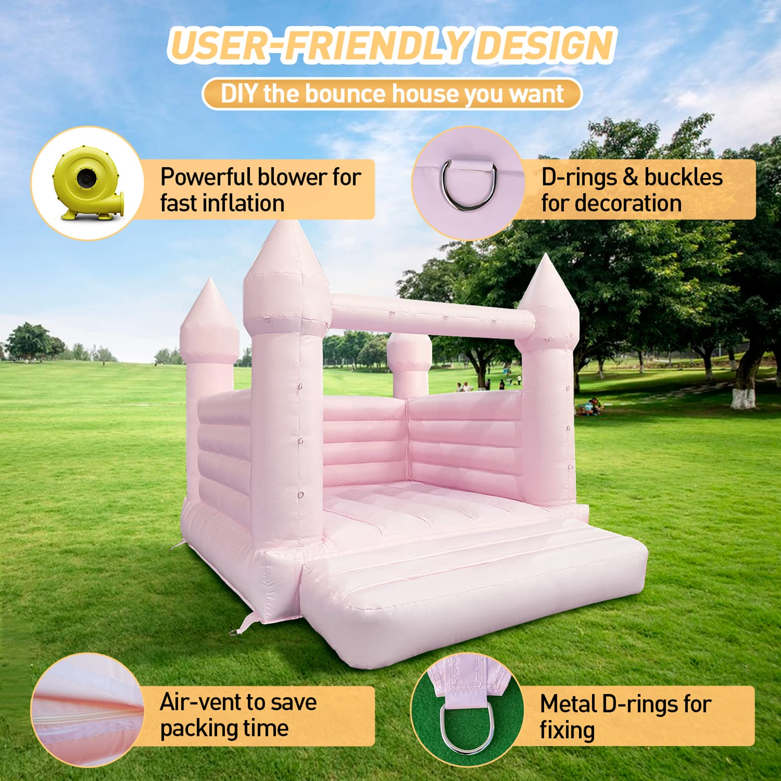 WARSUN Pink Bounce House 13x10x10FT / 4x3x3m with Blower 100% PVC Inflatable Bouncy House Castle with Large Jumping Area & D-Rings Decorate, Bounce House Castle for Wedding Birthday Party Photography Business