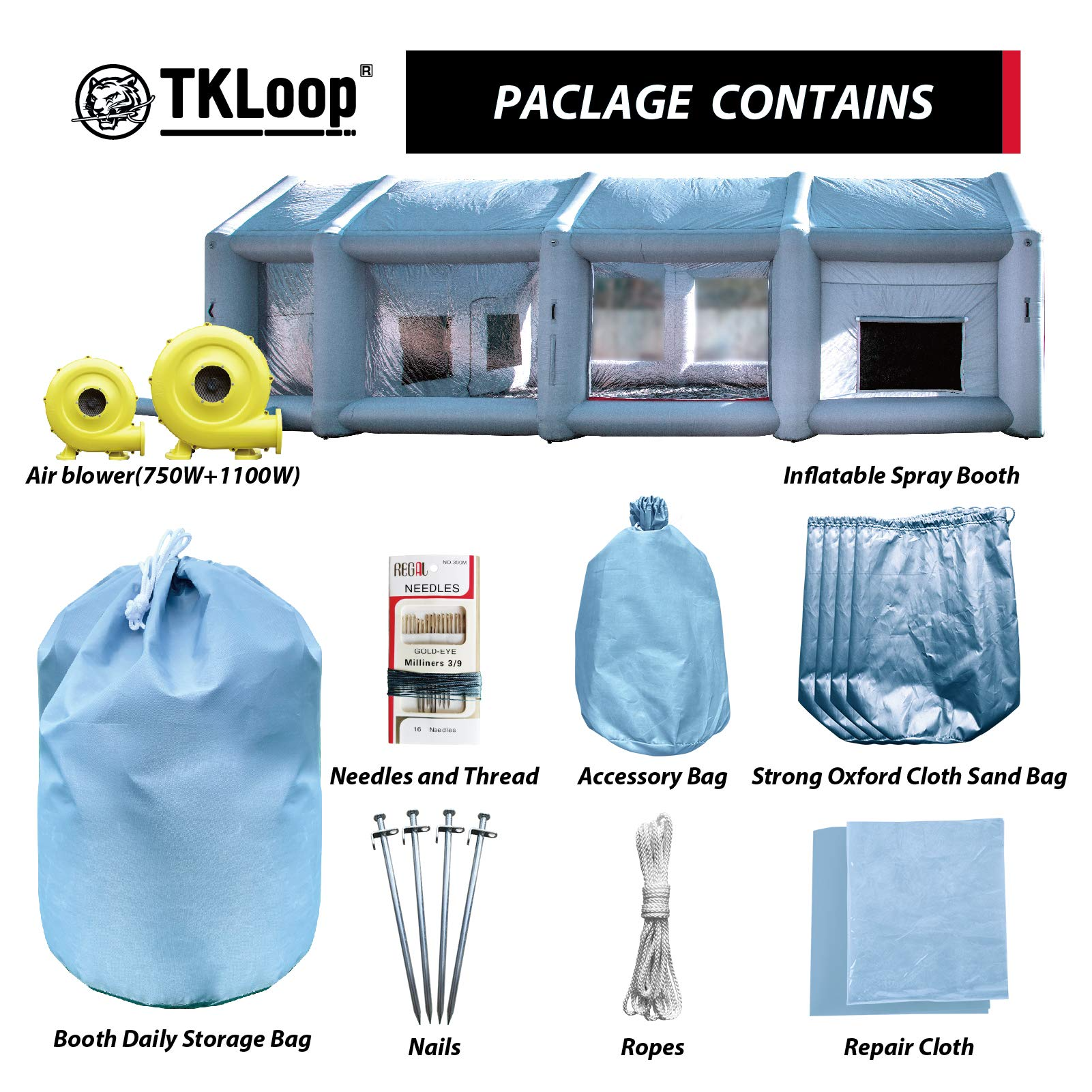 TKLoop Portable Inflatable Paint Booth 30X20X13Ft with 2 Blowers Inflatable Spray Booth with Air Filter System, Blow Up Spray Booth Tent (750W+1100W)