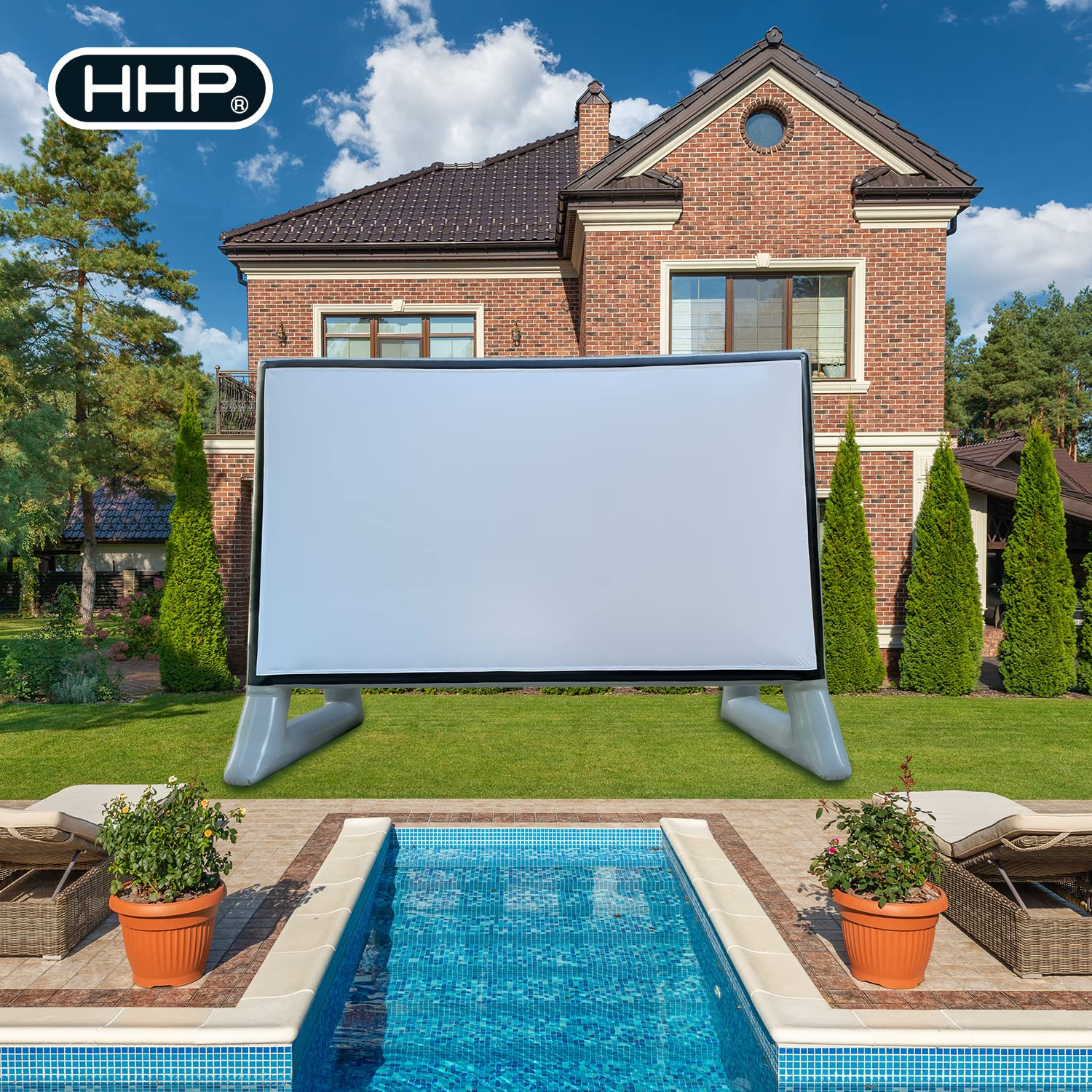 HHP 13Ft Airtight Projector Movie Screen Made of PVC, Waterproof Inflatable Movie Screen No Blower No Noise - Support Front Rear Projection - for Indoor, Outdoor, Pool, Garden and Backyard Parties