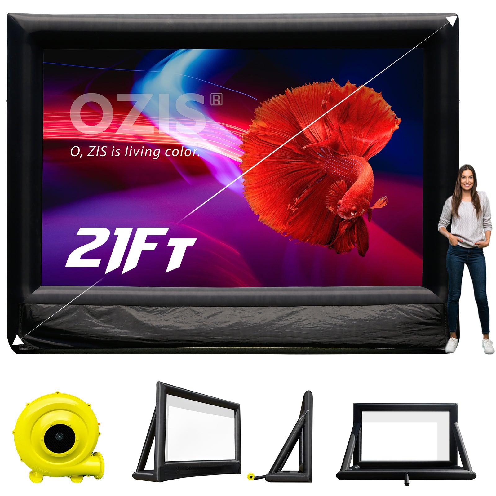 OZIS 21Ft Inflatable Outdoor and Indoor Movie Projector Screen - Blow up Mega Cinema Theater Projector Screen with 240W Blower - Supports Front and Rear Projection - for Backyard Party Barbecue Travel