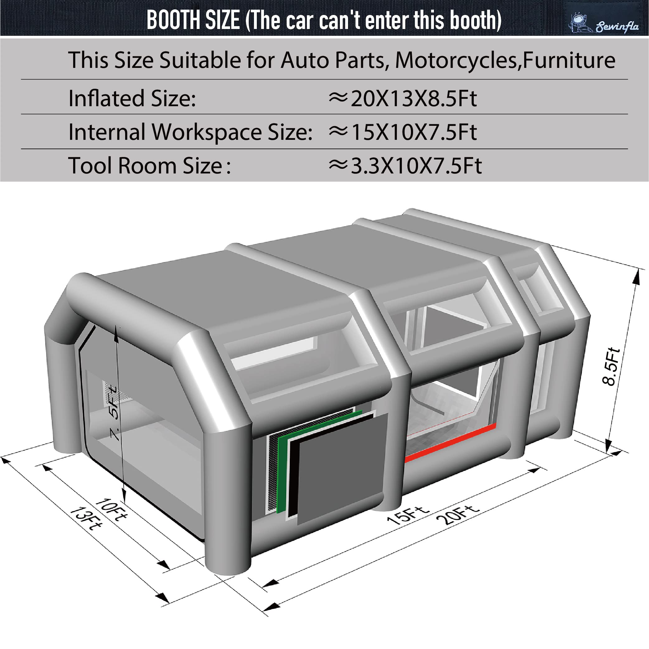 Sewinfla Professional Inflatable Paint Booth 20x13x8.5Ft with 2 Blowers (480W+750W) & Air Filter System Portable Paint Booth Tent Garage Inflatable Spray Booth Painting for Parts,Motorcycles