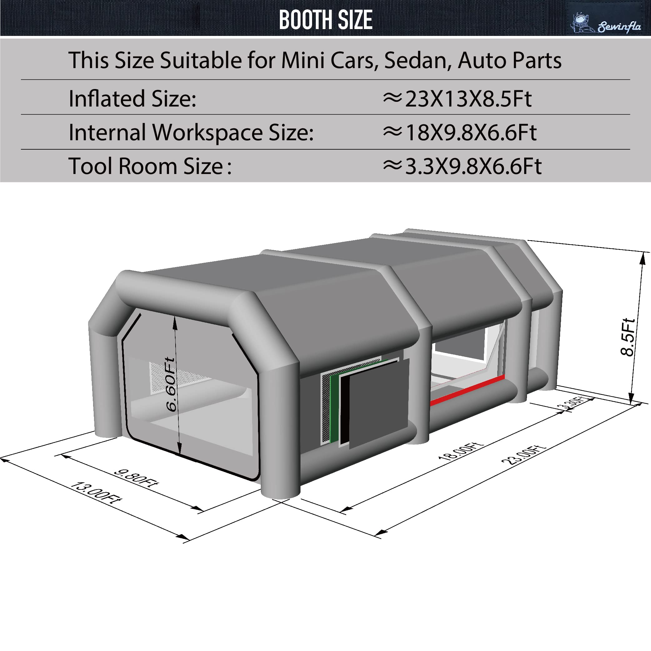 Sewinfla Professional Inflatable Paint Booth 23x13x8.5Ft with 2 Blowers (480W+950W) & Air Filter System Portable Paint Booth Tent Garage Inflatable Spray Booth Painting for Cars