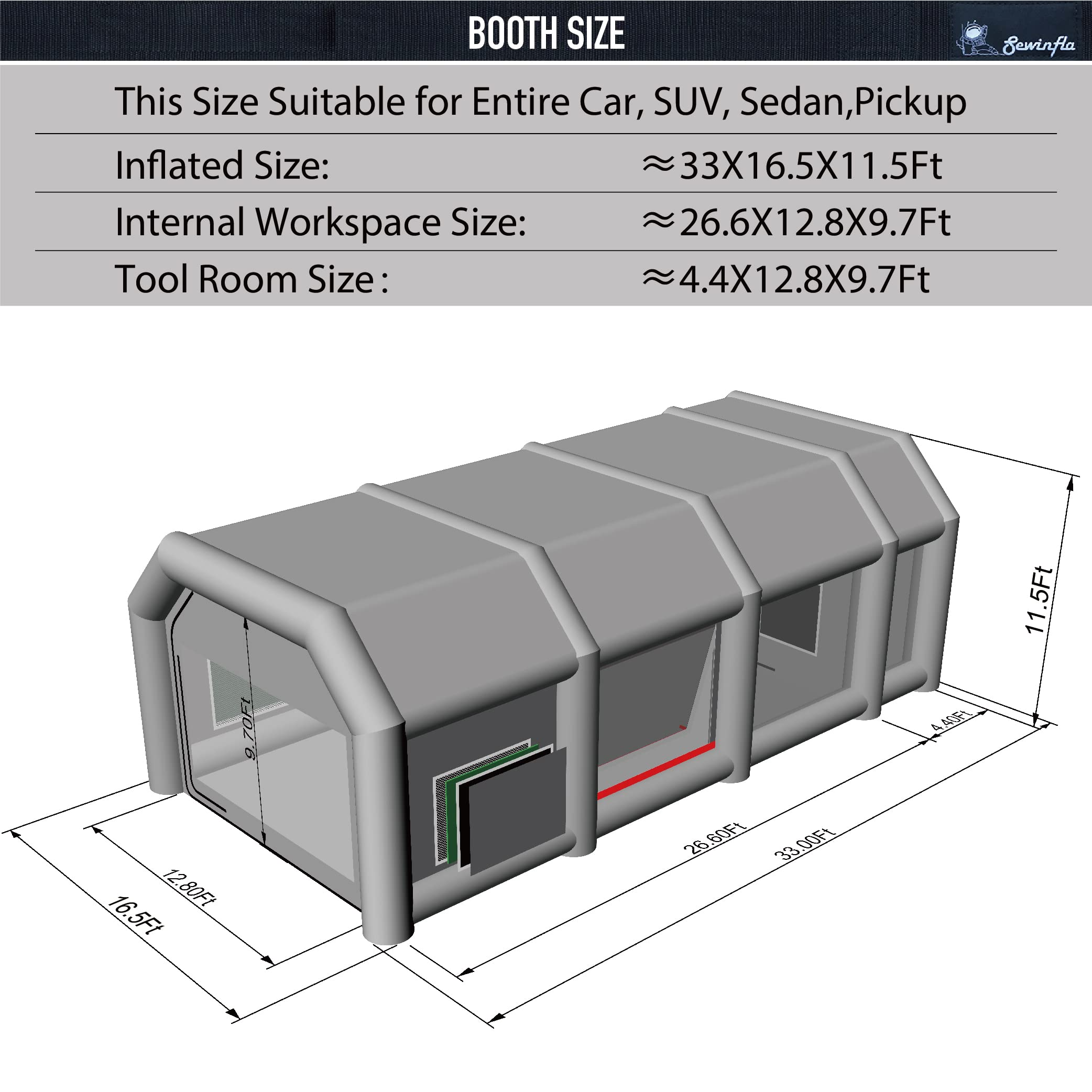 Sewinfla Professional Inflatable Paint Booth 33x16.5x11.5Ft with 2 Blowers (1100W+950W) & Air Filter System Portable Paint Booth Tent Garage Inflatable Spray Booth Painting for Cars