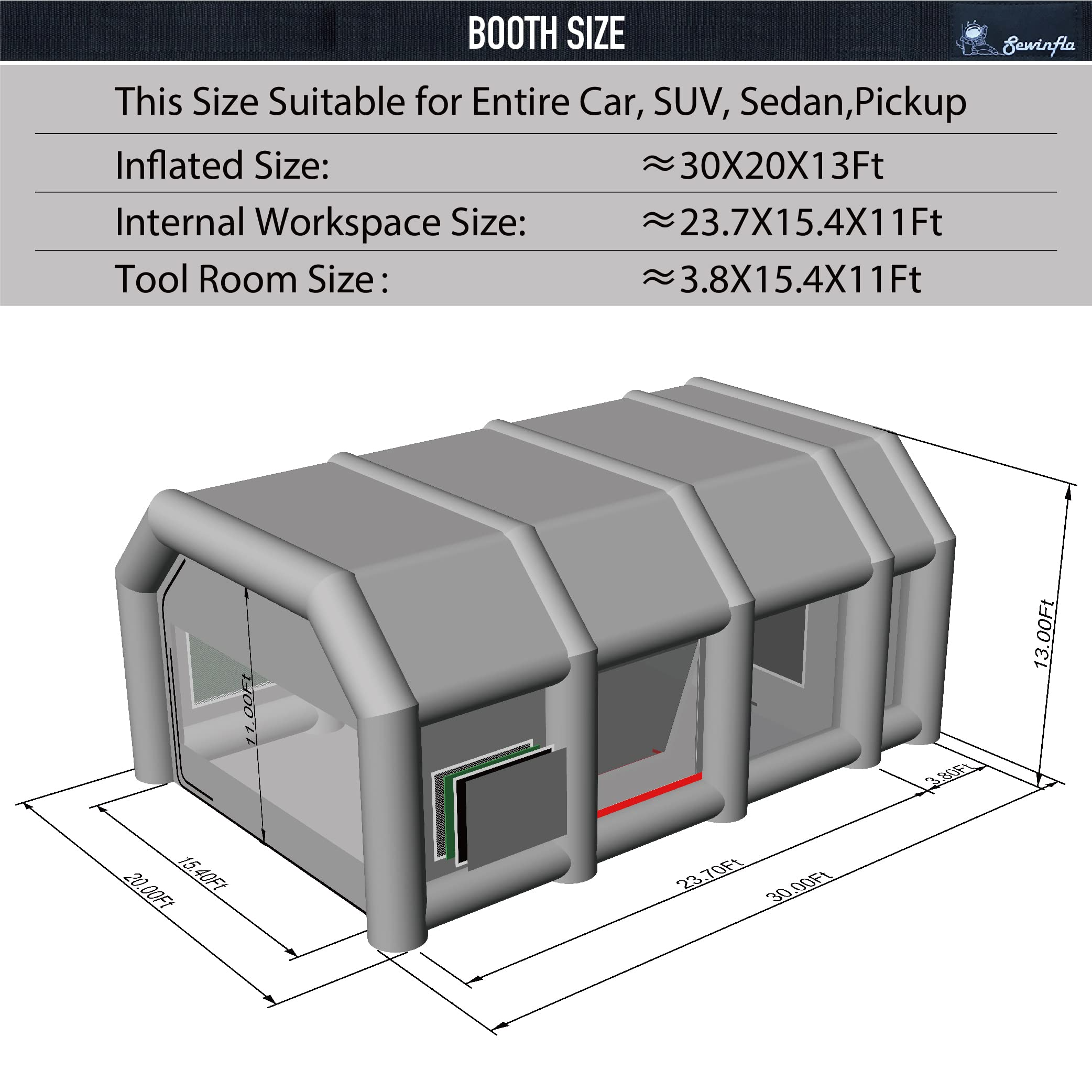 Sewinfla Professional Inflatable Paint Booth 30x20x13Ft with 2 Blowers (950W+950W) & Air Filter System Portable Paint Booth Tent Garage Inflatable Spray Booth Painting for Cars