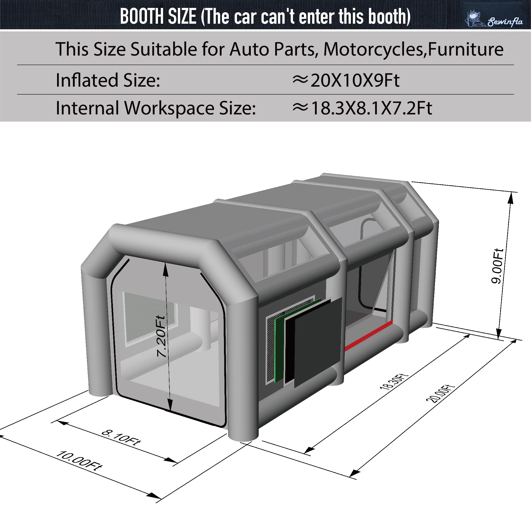 Sewinfla Professional Inflatable Paint Booth 20x10x9Ft with 2 Blowers (480W+750W) & Air Filter System Portable Paint Booth Tent Garage Inflatable Spray Booth Painting for Parts,Motorcycles