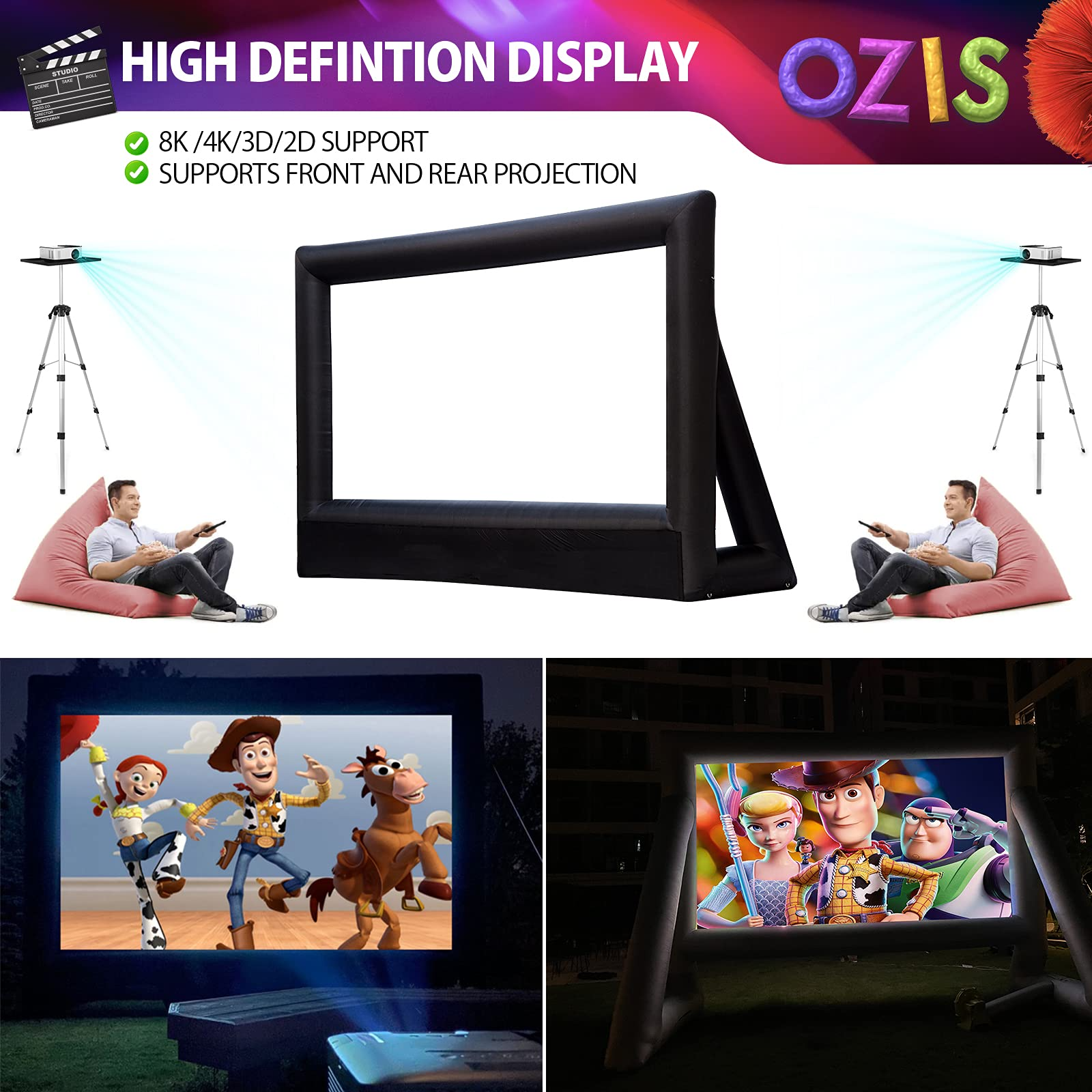 OZIS 21Ft Inflatable Outdoor and Indoor Movie Projector Screen - Blow up Mega Cinema Theater Projector Screen with 240W Blower - Supports Front and Rear Projection - for Backyard Party Barbecue Travel