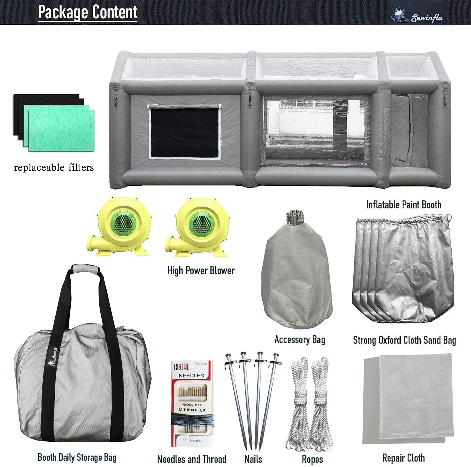 Sewinfla Professional Inflatable Paint Booth 20x10x9Ft with 2 Blowers (480W+750W) & Air Filter System Portable Paint Booth Tent Garage Inflatable Spray Booth Painting for Parts,Motorcycles