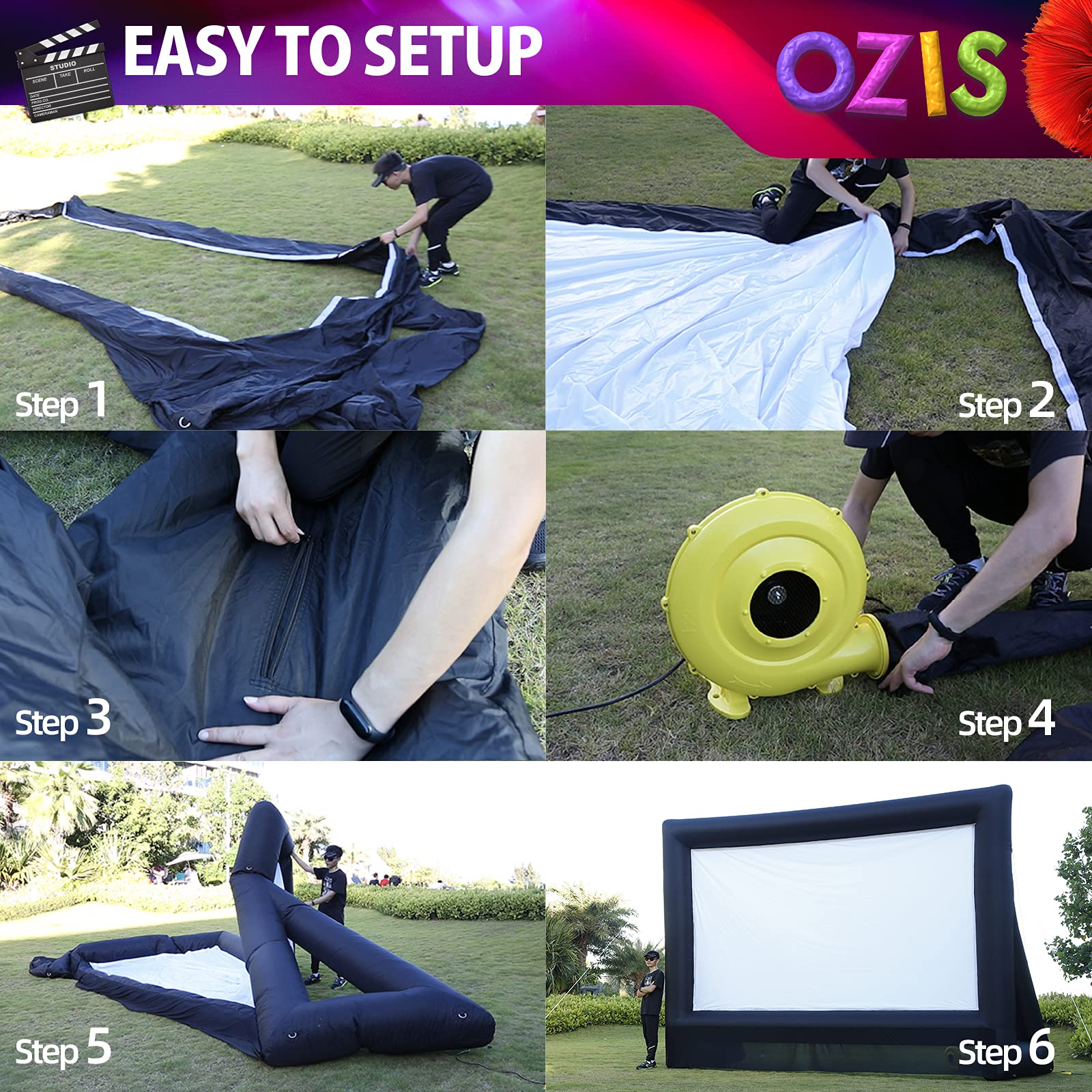 OZIS 21Ft Inflatable Outdoor and Indoor Movie Projector Screen - Blow up Mega Cinema Theater Projector Screen with 240W Blower - Supports Front and Rear Projection - for Backyard Party Barbecue Travel