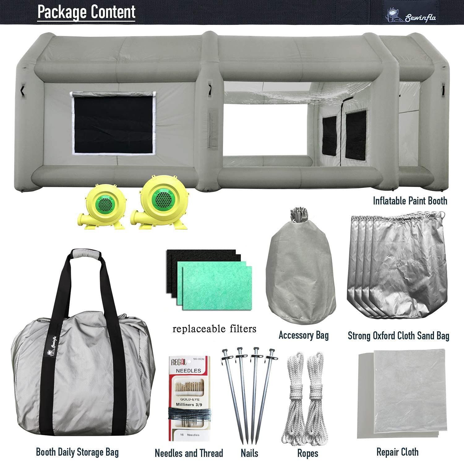 Sewinfla Professional Inflatable Paint Booth 20x13x8.5Ft with 2 Blowers (480W+750W) & Air Filter System Portable Paint Booth Tent Garage Inflatable Spray Booth Painting for Parts,Motorcycles